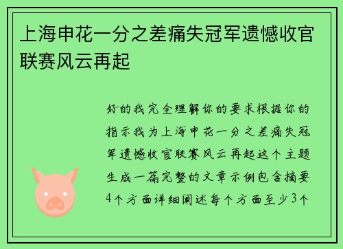 上海申花一分之差痛失冠军遗憾收官联赛风云再起